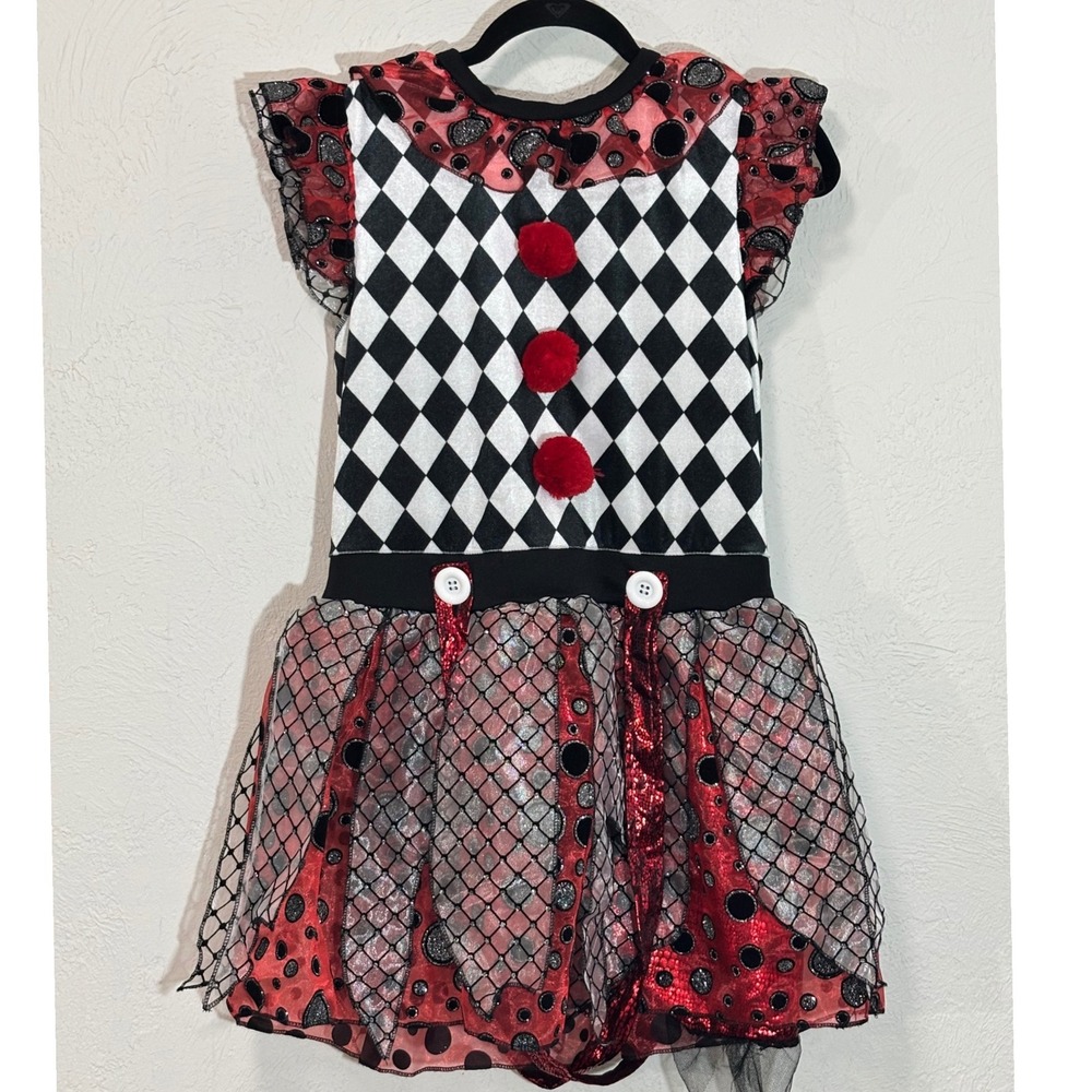 Spirit Halloween Clown Costume Kids Large Red Black Harlequin Diamond Dress